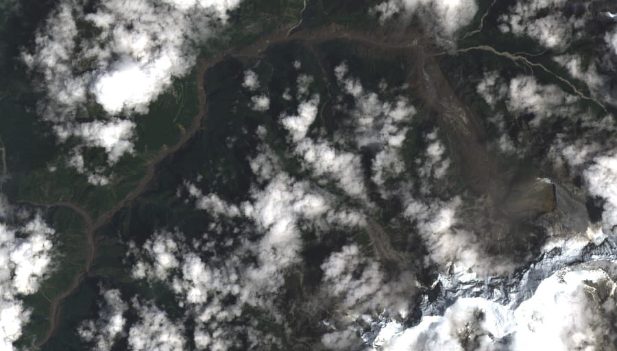 Landsat 9 image of the flood corridor on 26 August 2026, the valley floor stripped to bare sediment.